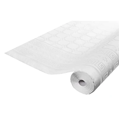 Afbeelding van Pro tafelkleed: damastpapieren wegwerptafelkleed op een rol van 25 m lang en 1,20 breed, witte kleur. Damastpapier met chic klassiek universeel patroon, ref R482501I