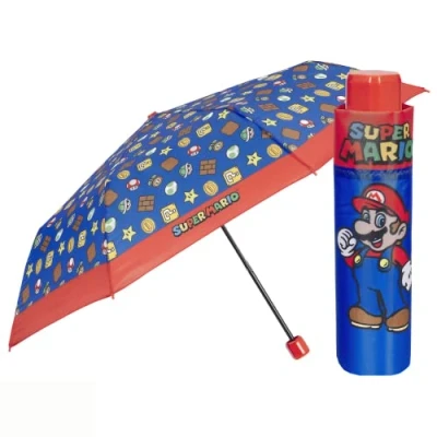 Afbeelding van Super Mario opvouwbare paraplu voor kinderen, blauw, met handmatige opening, compacte jongens, kleuterschool, basisschool, winddicht, duurzaam, licht, reizen, diameter 91 cm,