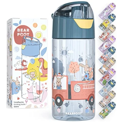 Afbeelding van BEARFOOT drinkfles voor kinderen, 450 ml, lichte van Tritan, BPA vrij, lekvrij, geschikt koolzuurhoudende dranken, vaatwasmachinebestendig, jongens en meisjes, kleuterschool (blauw