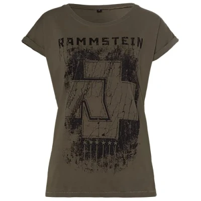 Afbeelding van Rammstein Dames T shirt 6 harten Olijf officieel product zwart met print op de voor en achterkant,
