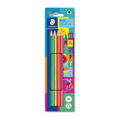 Image de STAEDTLER crayons triangulaires Noris Happy à rayures colorées, haute résistance la rupture, dureté HB, quatre dans une carte suspendre en carton, 118 BK4 HA