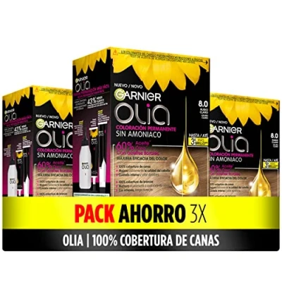 Afbeelding van Garnier Olia 3 stuks permanente kleuren zonder ammoniak voor een aangename geur met bloemenoliën van natuurlijke oorsprong, toon 8.0 lichtblond