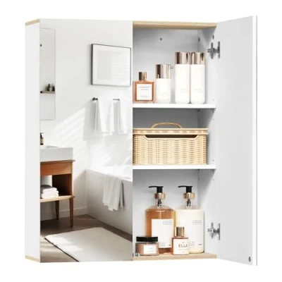 Afbeelding van EUGAD Badkamerkast met spiegel, meubels, wandkast verstelbare planken, wit en licht eiken, 60 x 20 75 cm (b d h)