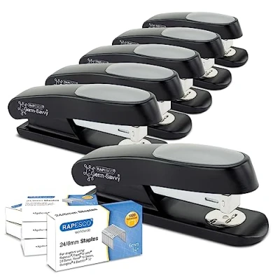 Afbeelding van Rapesco 1734 Business Pack: 6 ECO Sting Ray antibacteriële Germ Savvy nietmachines, capaciteit van 20 vellen en dozen met 1000 nietjes 24/6 mm, zwart