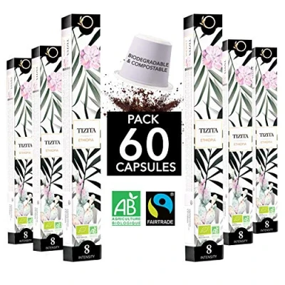 Image de ORIGEENS Capsules Compatible avec Nespresso Café BIO Fairtrade Arabica single Origin Ethiopie (Moka) TIZITA 60 Biodégradables Compostables Torréfaction Artisanale