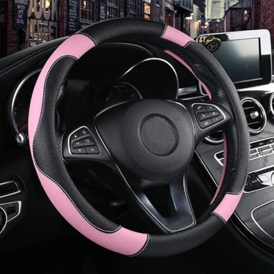 Afbeelding van Istn Stuurhoes voor auto, uniseks, kunstleer, contrasterende kleur, antislip, goed ademend vermogen, 38 cm, roze