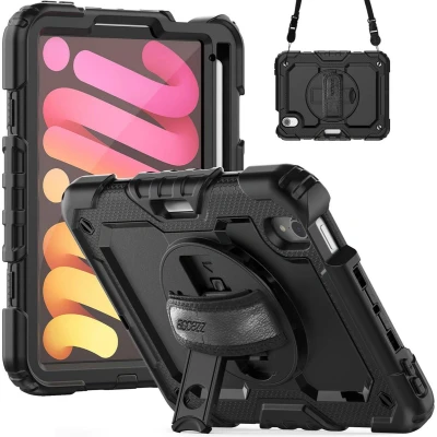 Afbeelding van Accezz Tablet Hoes Geschikt voor iPad Mini 6 (2021) Rugged Backcover Shoulder Strap Zwart