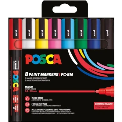 Afbeelding van Uni POSCA paintmarker PC 5M, 1,8 2,5 mm, etui van 8 stuks in basiskleuren