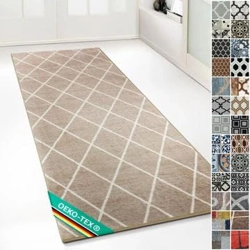 Afbeelding van Floordirekt Tapijt met fijne lussen op maat, patroon, voor keuken, hal en woonkamer, vintage ornament, oosters raster (80 x 400 cm, beige Cosenza)