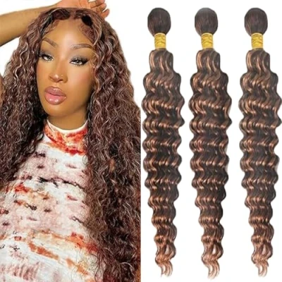 Image de Tuheerst Deep Wave Human Hair Bundles P430 Highlight Brown Extensions Real Sew in Extension 3 Double Weft Remy Low Shedding for Woman 22 Inch