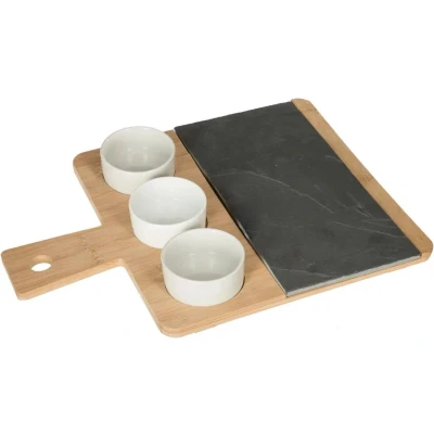 Afbeelding van 5Five Serveerplank/borrelplank hapjes/saus/tapas bamboe bruin incl. 3x schaaltjes