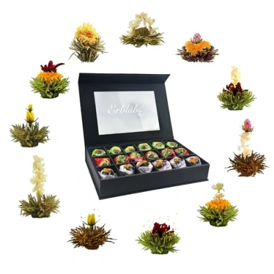 Image de Creano Lot de 18 fleurs à Thé blanc, noir et vert Dans une élégante boîte magnétique avec fenêtre visualisation gaufrage argenté