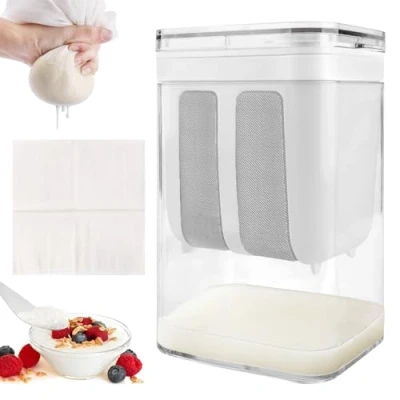 Afbeelding van yoghurtzeef, Griekse yoghurtfilter, zelfgemaakte yoghurt en weischeider, yoghurtmaker, verse kaas, yoghurtmachine met gaaszeef, filterdoek