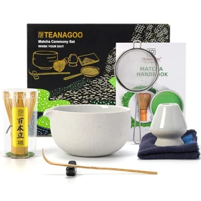 Afbeelding van TEANAGOO Japanse theeservies (7 delig) Matcha kom met schenktuit Bamboe Garde (Chasen) Schop (Chashaku) Houder Set N3 Lichtgrijs..