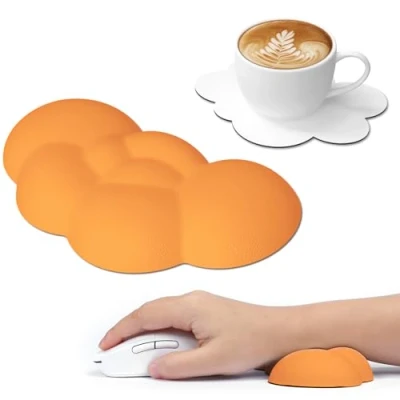 Afbeelding van Muismat Wolken Polssteun met Onderzetter, Ergonomische van Geheugenschuim voor Handpalm Massage, Toetsenbord, Thuis, Kantoor, PC Gaming,PS4 Oranje