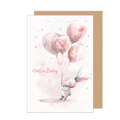 Afbeelding van Edition Seidel Hoogwaardige geboortewenskaart met envelop, wenskaart, Hello ticket, baby, jongen en meisje, motief haas, roze ballonnen (E282 SW024)