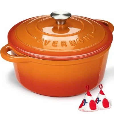Image de Overmont Cocotte en fonte émaillée Casserole de 7 l avec couvercle et maniques coton Batterie cuisine robuste pour braiser, ragoûts, rôtir, cuire du pain, orange