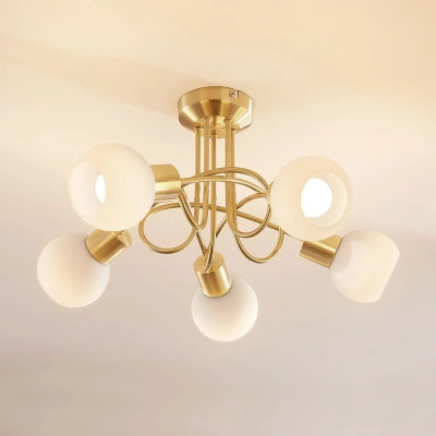 Afbeelding van Lindby plafondlamp 5lichts glas, metaal H: 25.5 cm E14 wit, mat messing