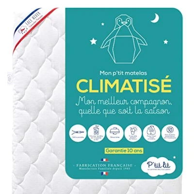 Afbeelding van P&#039;TIT LIT Babymatras met airconditioning 60 x 120 cm 1 kant zomer koel / zijde winter gewatteerd anti mijt afneembare hoes Oeko Tex® Gemaakt in Frankrijk Wit