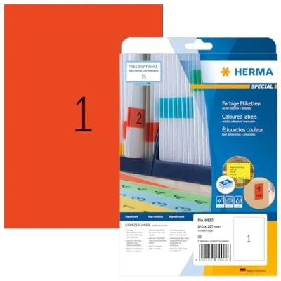 Afbeelding van Etiket HERMA 4422 210x297mm A4 verwijderbaar rood 20stuks