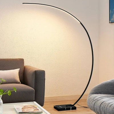 Afbeelding van Lindby LED gebogen vloerlamp Kendra, zwart, aluminium, hoogte 180cm