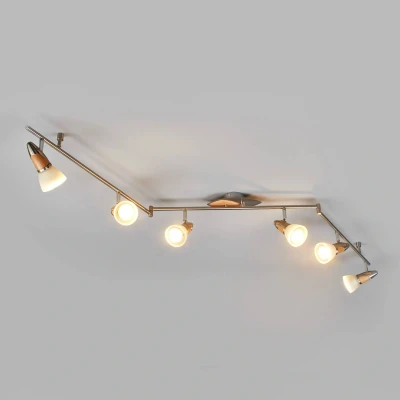 Afbeelding van Lindby plafondlamp Marena, 6 lamps, glas, hout, 180 cm lang