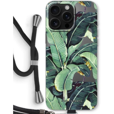 Afbeelding van Case Company® hoesje met Koord geschikt voor iPhone 16 Pro Max Bananenbladeren Telefoonhoesje Zwart Bescherming aan alle Kanten en Over de Schermrand