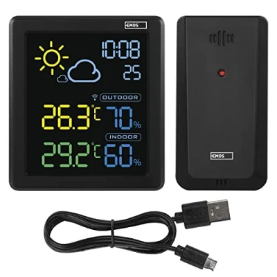 Afbeelding van EMOS Draadloos weerstation met VA kleurendisplay en buitensensor, thermometer, hygrometer, weersvoorspelling, tijdweergave, wekker, 1,5 m micro USB kabel, zwart