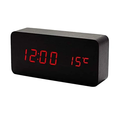 Afbeelding van Lancoon digitale klok van hout, wekker met led display, multifunctioneel, weergave tijd/datum/temperatuur, spraakbediening voor op reis en thuis, AC11, zwart/rood