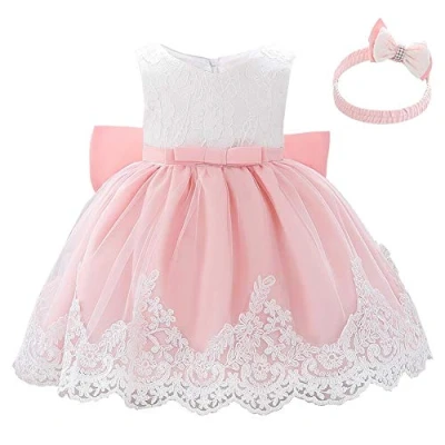 Afbeelding van Lito Angels Bruidsmeisjesjurk met hoofdband voor baby&#039;s, meisjes, kanten jurk ceremonie, bruiloft, maat 3 18 maanden, 426, Roze