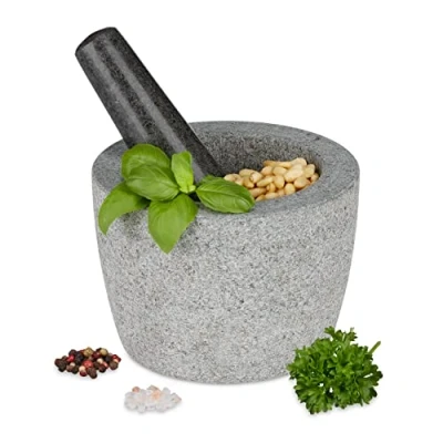 Afbeelding van Relaxdays vijzel met stamper graniet 14 cm stenen mortier kruiden malen keuken