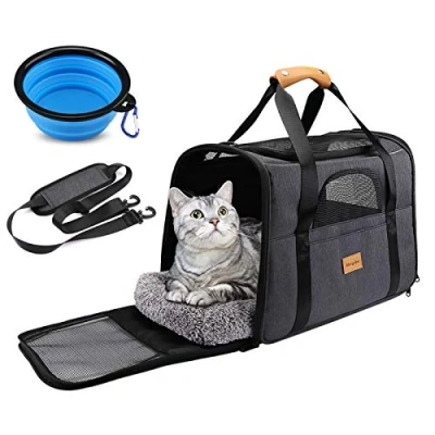 Afbeelding van Morpilote transporttas voor katten, hond, ademend en opvouwbaar, transportbox met verstelbare schouderriem, kooi afneembaar pluche matras + kom (43 x 30 33 cm)