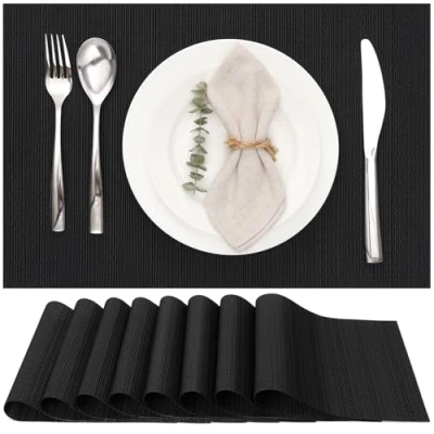 Afbeelding van Myir JUN Platsets, tafelmatten voor binnen en buiten, wasbaar, antislip, hittebestendig, tafelkleden, stoffen placemat (zwart, 8 stuks)