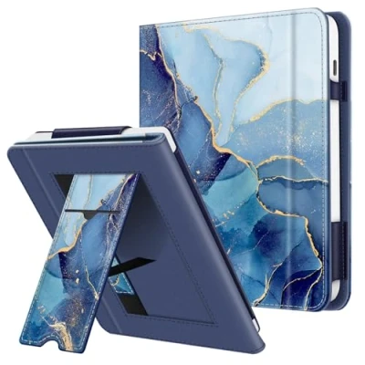 Afbeelding van FINTIE hoes compatibel met 7 inch Kobo Libra Colour 2024 / 2 2021 (model: N428 N418), e reader standaard kaartsleuf en polsband, marmer oceaan