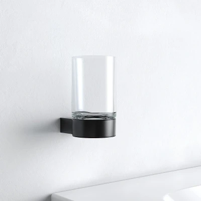Afbeelding van KEUCO tandenborstelhouder matzwart gepoedercoat en transparant kristalglas, glas met houder voor badkamer, tandenborstelhouder, wandmontage, Plan Black Selection