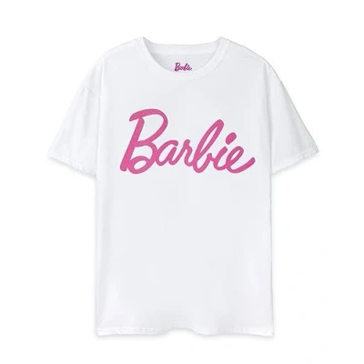 Afbeelding van Barbie dames roze klassiek logo T shirt met korte mouwen in Wit iconisch merk modieus design top voor comfortabel retro film merch cadeau,