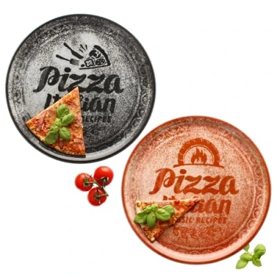 Afbeelding van MamboCat Set van 2 rode en zwarte pizzaborden, Ø 31 cm, voor personen, grote pizzaborden porselein met decoratie spreuk, pizza of het serveren, eetbord XL