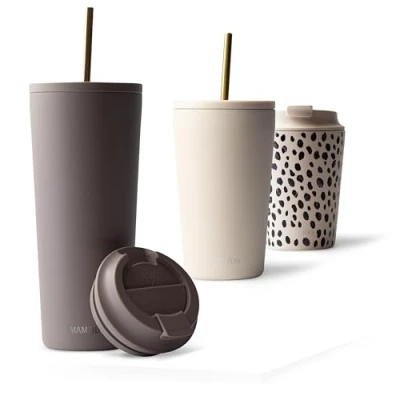 Afbeelding van Mameido Thermosbeker met rietje, 700 ml, waterdichte koffiethermos, van roestvrij staal, BPA vrije thermobeker, koffiebruin (Taupe Grey, 0,7 l)