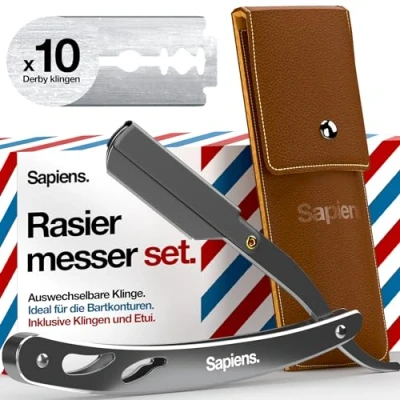 Afbeelding van Sapiens Barber Shop Silver Edition Baardscheerapparaat met 10 Derby scheermesjes (20 afzonderlijke messen) en beschermhoes verwisselbaar lemmet herenscheerapparaat