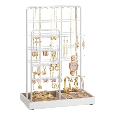 Afbeelding van SONGMICS sieradenstandaard, metalen frame, fluwelen sieradendienblad, sieradenopslag voor halskettingen, armbanden, oorbellen, matbruin camel JJS028W01