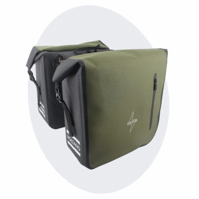 Afbeelding van Voltano Dubbele Fietstas Rolltop Luxe E bike Zwart / Olijfgroen 48 Liter 100% Waterdicht