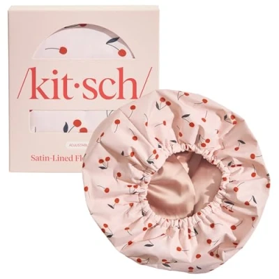 Afbeelding van Kitsch Luxe douchemuts voor dames, herbruikbaar, waterdicht, gevoerd met flexibel satijn, antislip, sneldrogend, verstelbaar, elegant lang en kort haar, kersenprint