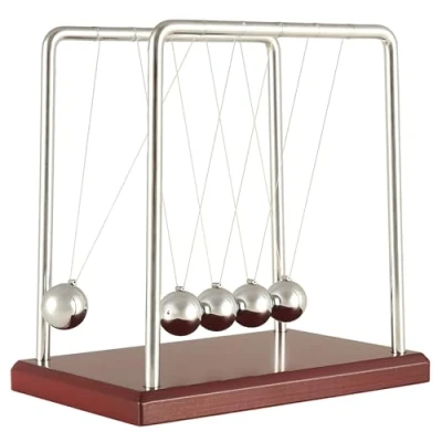 Afbeelding van Newton slinger ballenset 5 ballen kogelslinger voor kantoor 19 cm hoog op houten sokkel, wieg met frame en hoogwaardige stalen