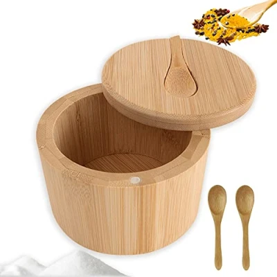 Afbeelding van Zoutpot, draaidekselhouder met magnetisch draaideksel en 3 kleine houten lepels, zoutkruidenopbergdoos voor keukenkruiden, specerijen, kruiden, peper of kleinigheden
