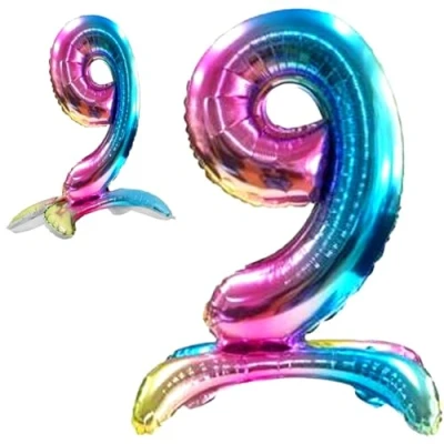 Afbeelding van ballon 9 jaar verjaardag nummer folie meerkleurig staand XXL reuzenballon van aluminium 82 cm decoratie voor
