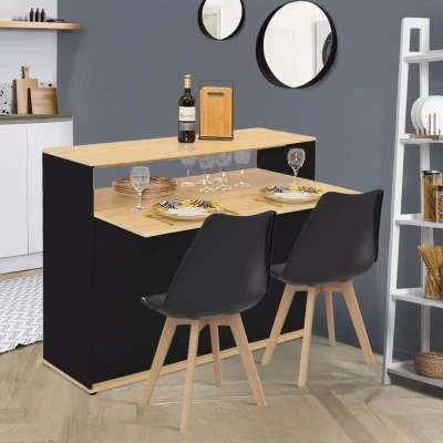 Afbeelding van Meuble de bar extensible en table à manger 2 personnes VITO noir et plateau bois