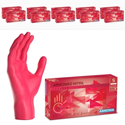 Afbeelding van ARNOMED Rode wegwerphandschoenen, nitril handschoenen, maat S, wegwerphandschoen 2000 stuks (20 dozen), poedervrij en latexvrij, wegwerphandschoenen in XS, M, L XL