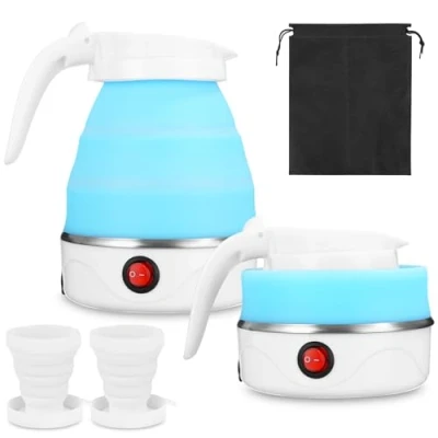Afbeelding van SinLaw opvouwbare waterkoker van siliconen, 600 ml, mini reiswaterkoker met 2 bekers, roestvrijstalen bodem, voor keuken, reizen, camping, outdoor