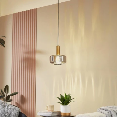 Afbeelding van Lindby hanglamp 1licht Glas, ijzer E27 rookgrijs, messing