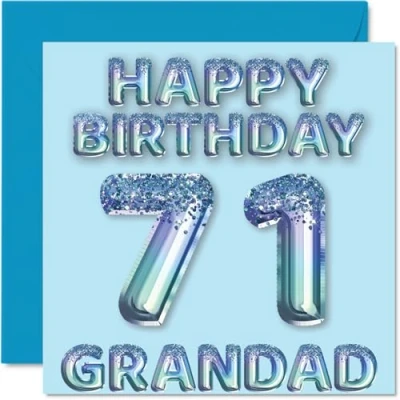 Afbeelding van Verjaardagskaart voor opa 71 jaar, blauwe glitterballonnen, verjaardagskaarten jaar grootvader van kleinzoon en kleindochter, 145 mm x